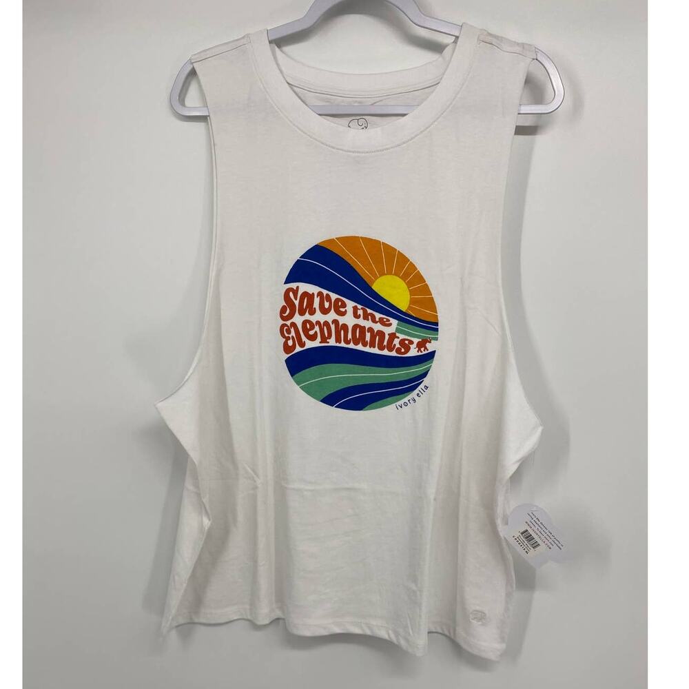Ivory Ella Save the Elephants Womens White Tank Top Shirt NEW Size XL
